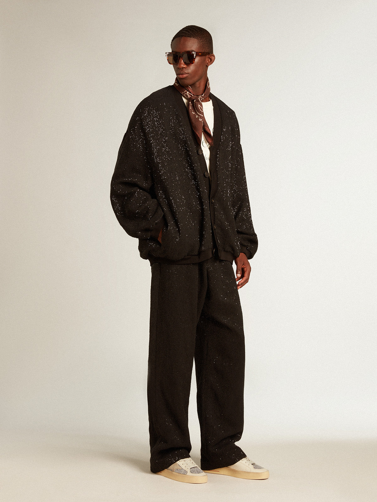 Men's black joggers in linen blend with sequins| Golden Goose