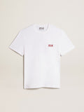 Men's white T-shirt with contrasting burgundy logo and star| Golden Goose