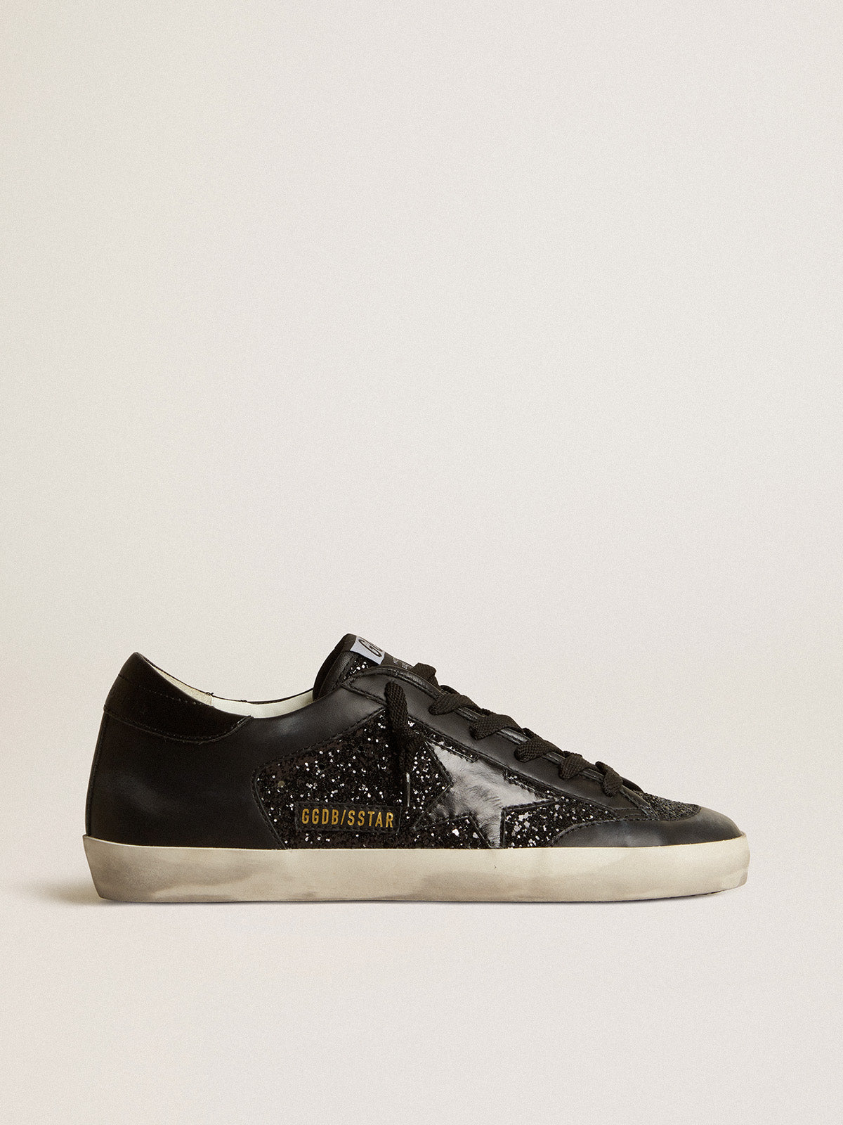 Super-Star in black nappa and glitter with glossy black leather star| Golden Goose