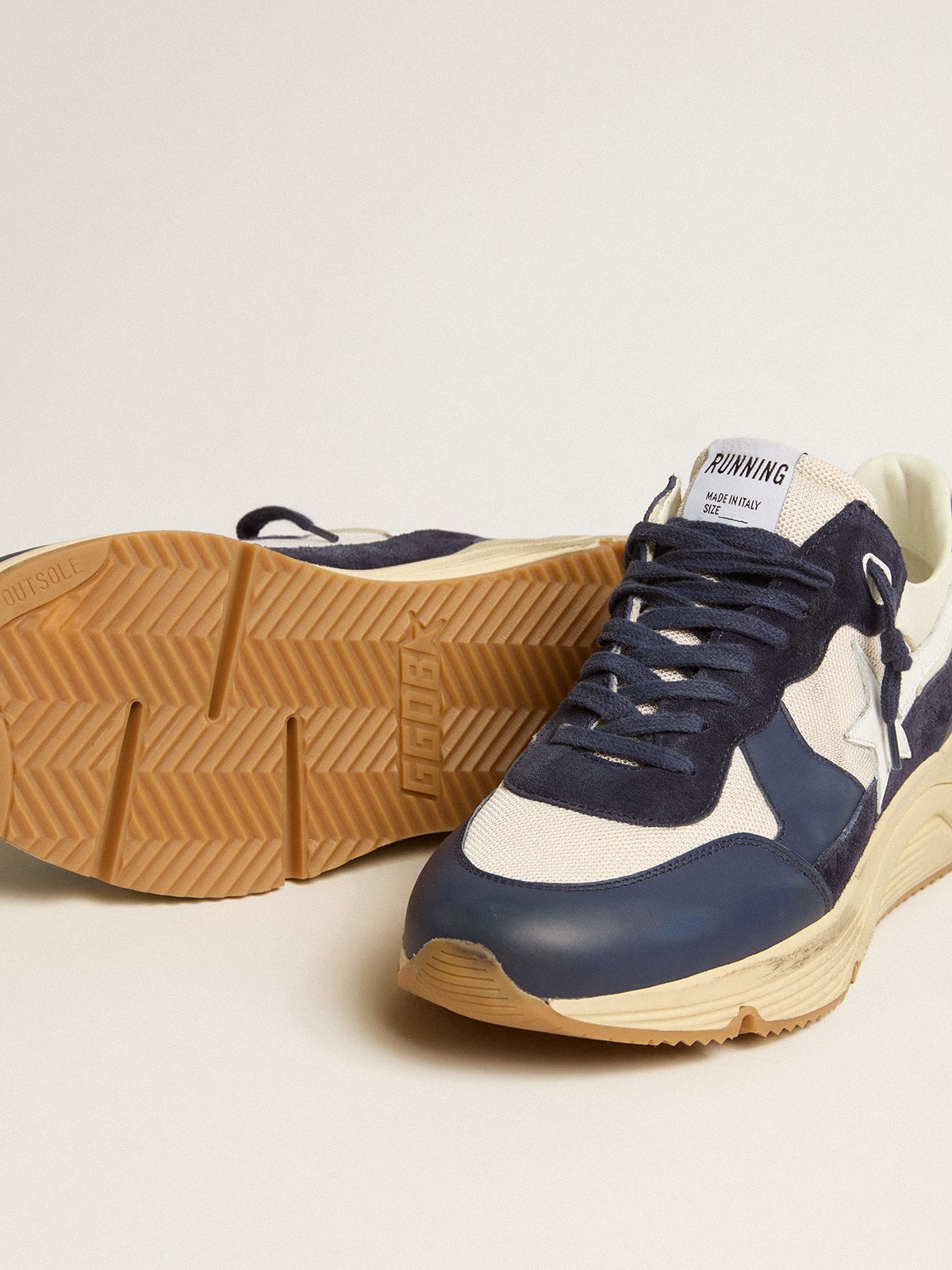 Running Sole in cream mesh and blue leather with a white leather star| Golden Goose