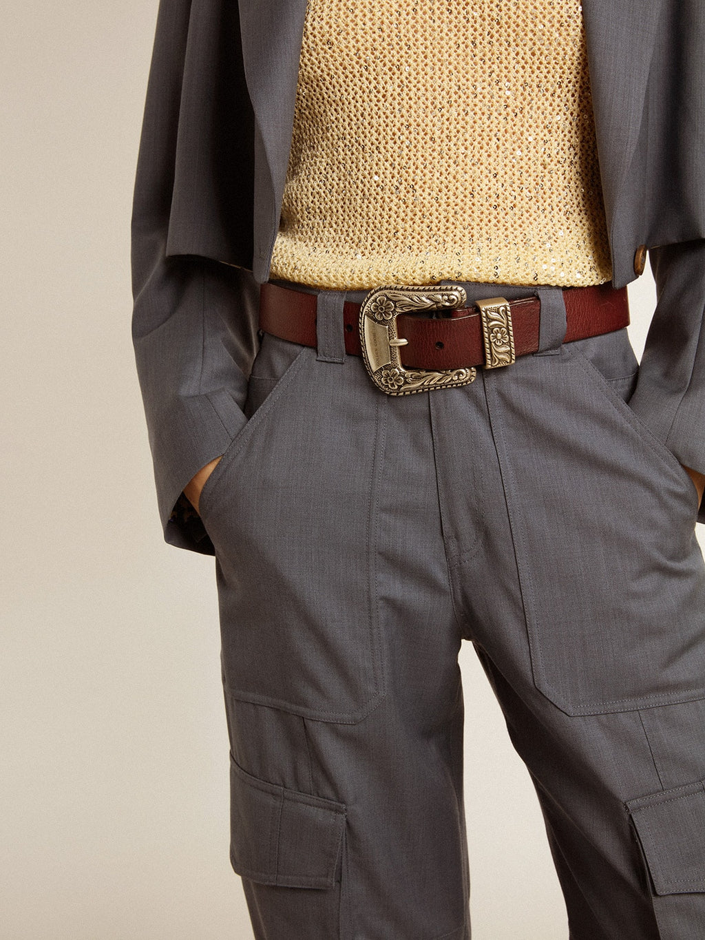 Women's belt in burgundy leather with decorated silver buckle| Golden Goose