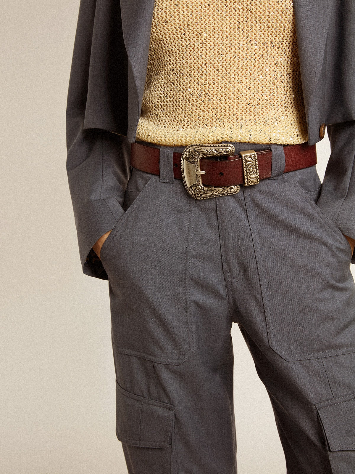 Women's belt in burgundy leather with decorated silver buckle| Golden Goose