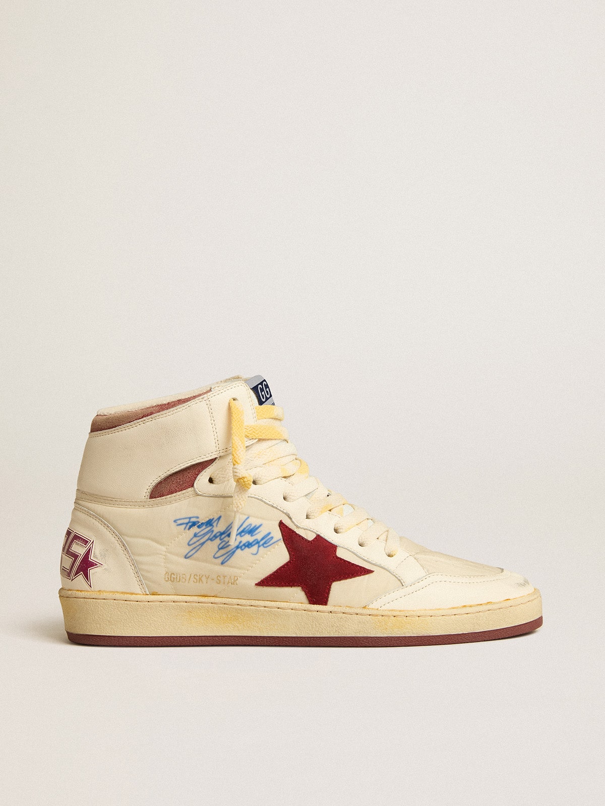 Sky-Star in beige nylon and nappa with pomegranate suede star| Golden Goose