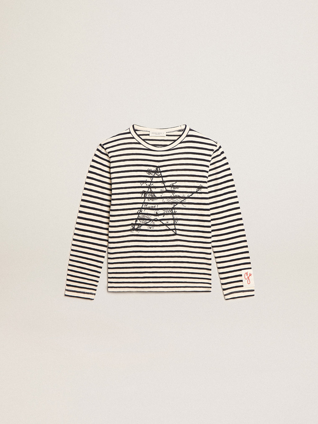 Boys' T-shirt with white and blue stripes and embroidery on the front| Golden Goose