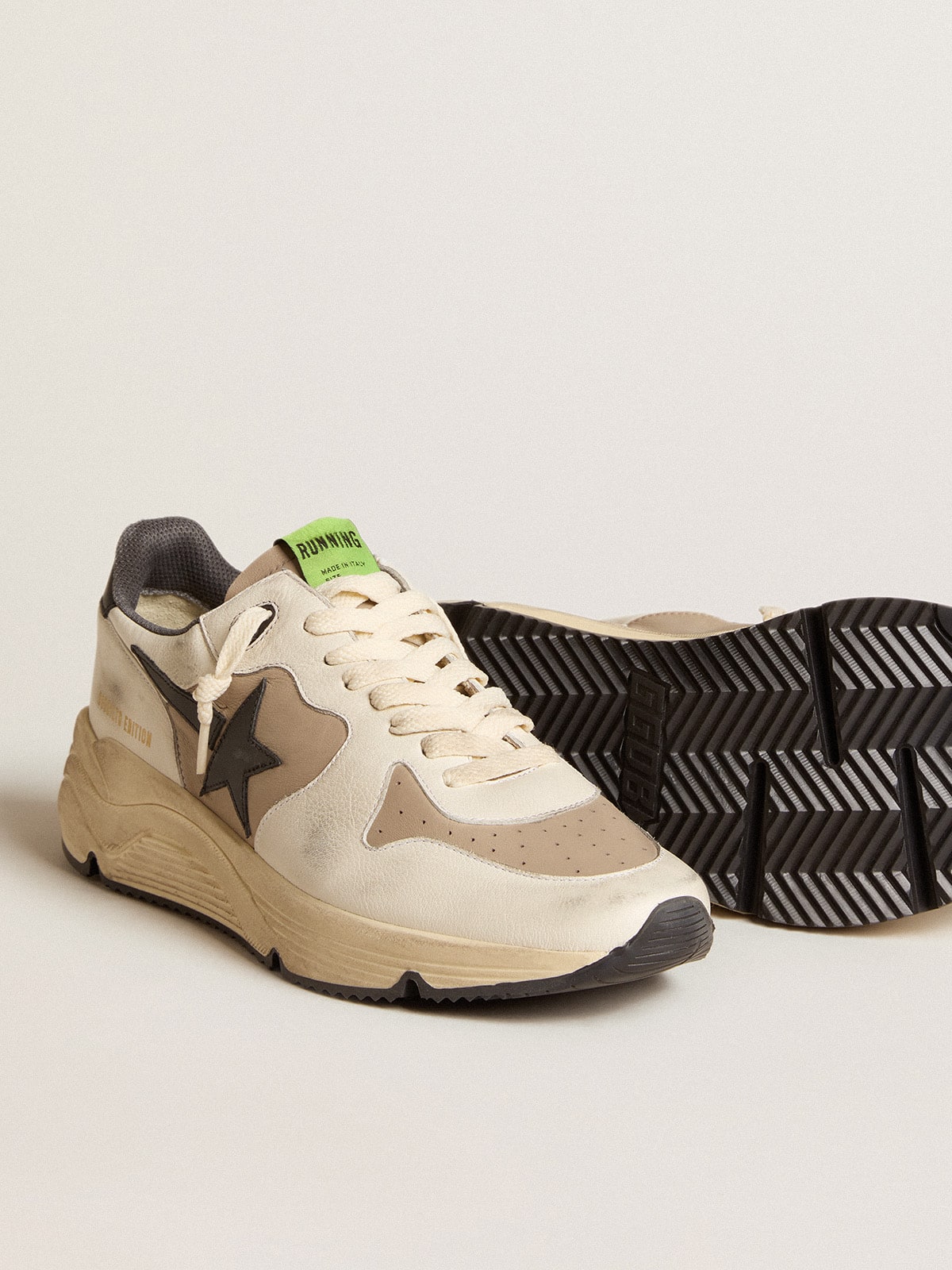 Men's Running Sole LTD in gray leather and white nappa with black leather star| Golden Goose
