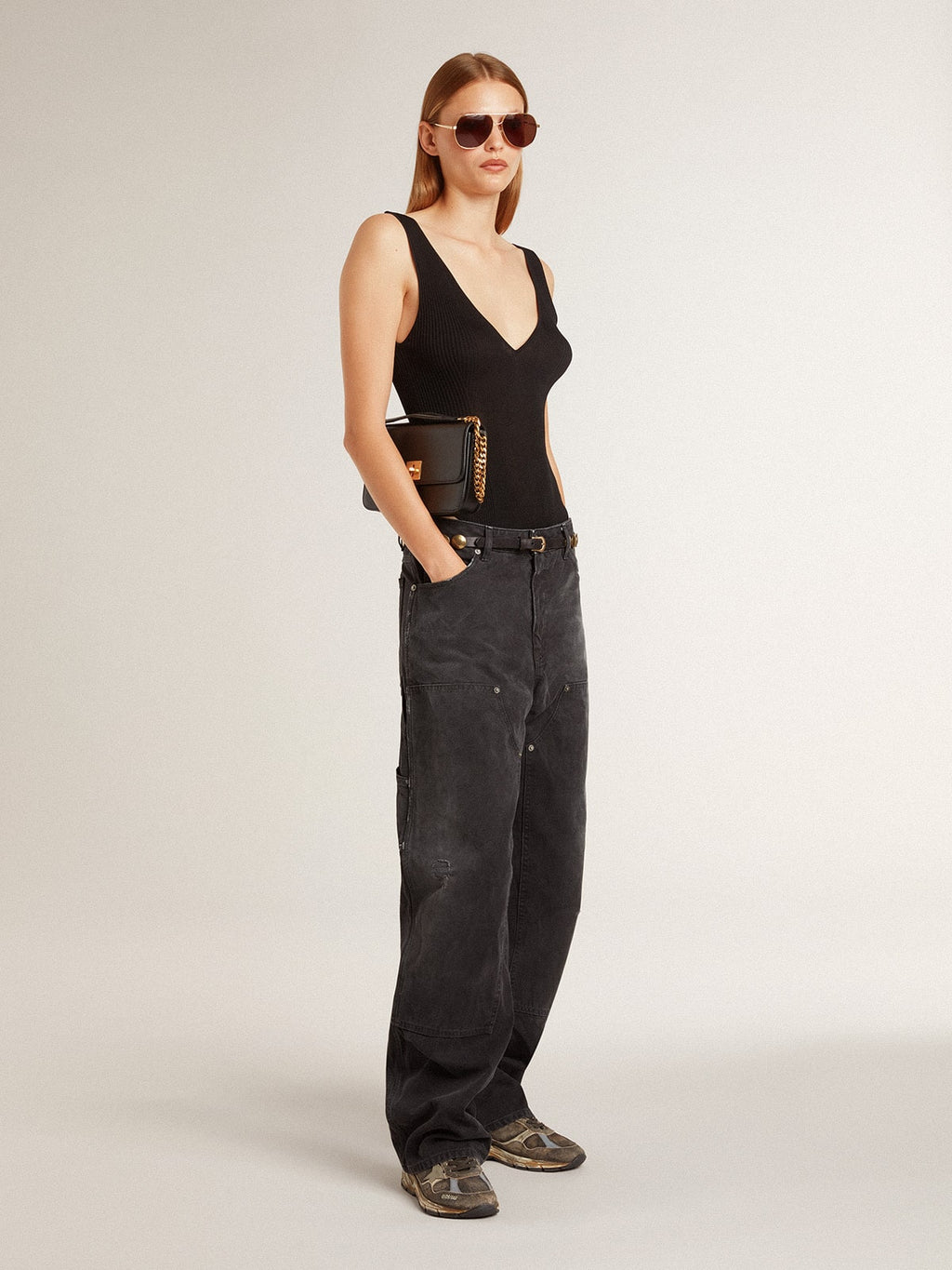Women's distressed black cotton jeans with front patches| Golden Goose