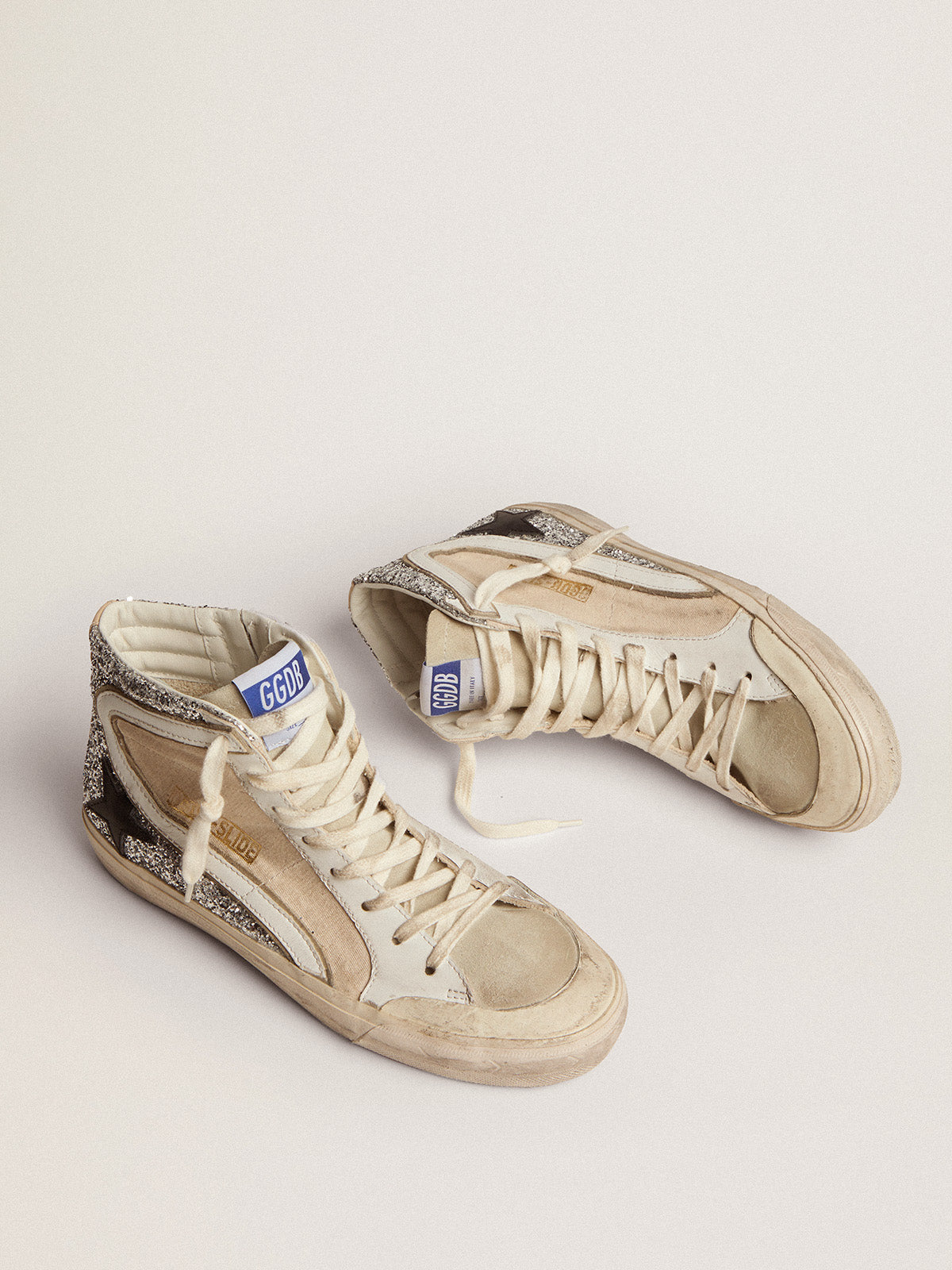 Women's Slide Penstar in cream-colored canvas and silver glitter| Golden Goose