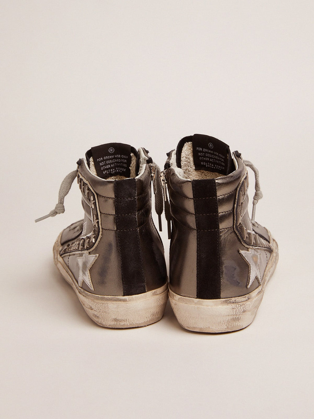 Women's Slide with silver laminated leather upper and studs| Golden Goose