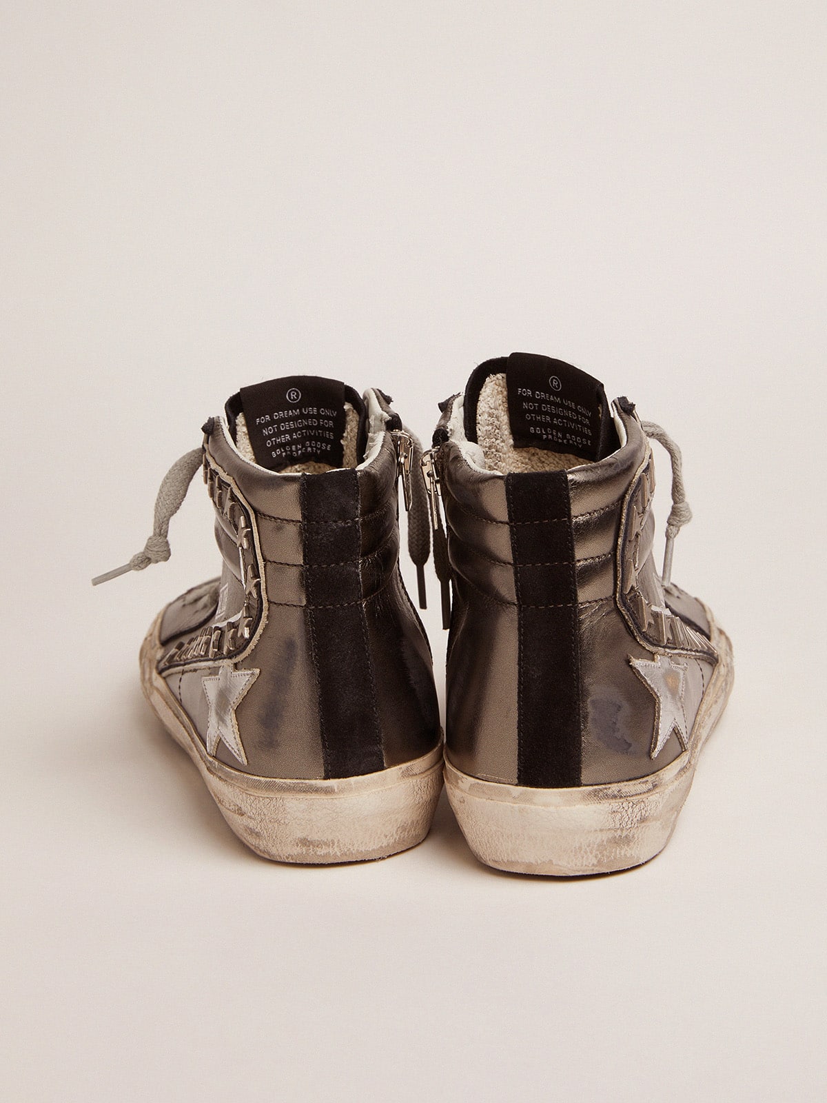 Women's Slide with silver laminated leather upper and studs| Golden Goose