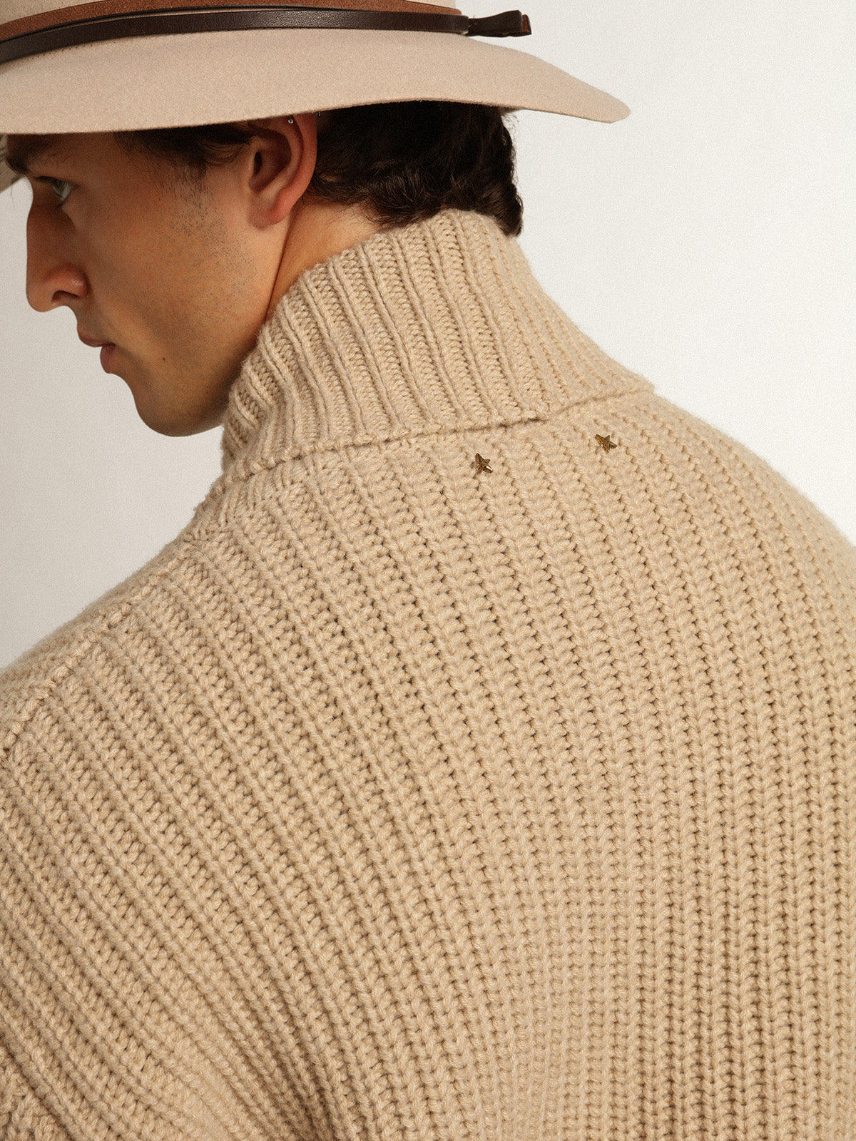 Men's double-breasted beige wool cardigan with leather patches| Golden Goose