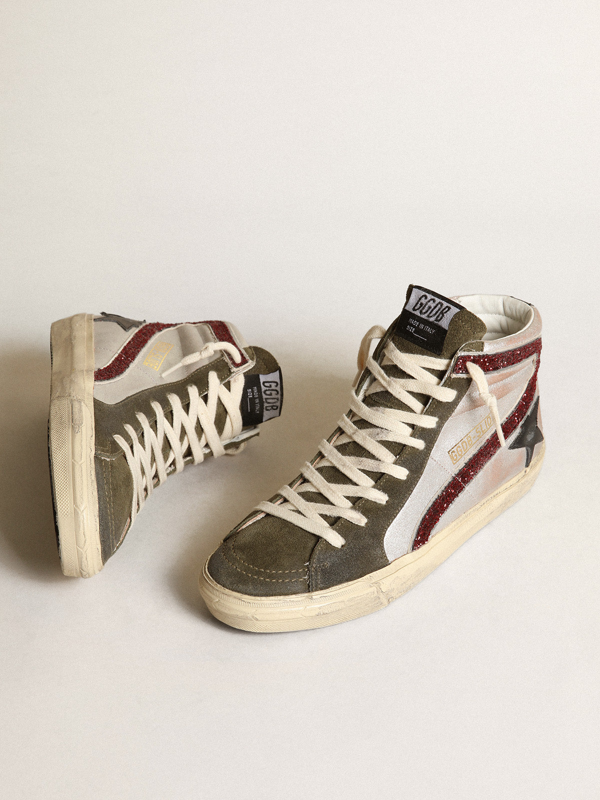 Silver Slide with a black leather star and glitter flash| Golden Goose
