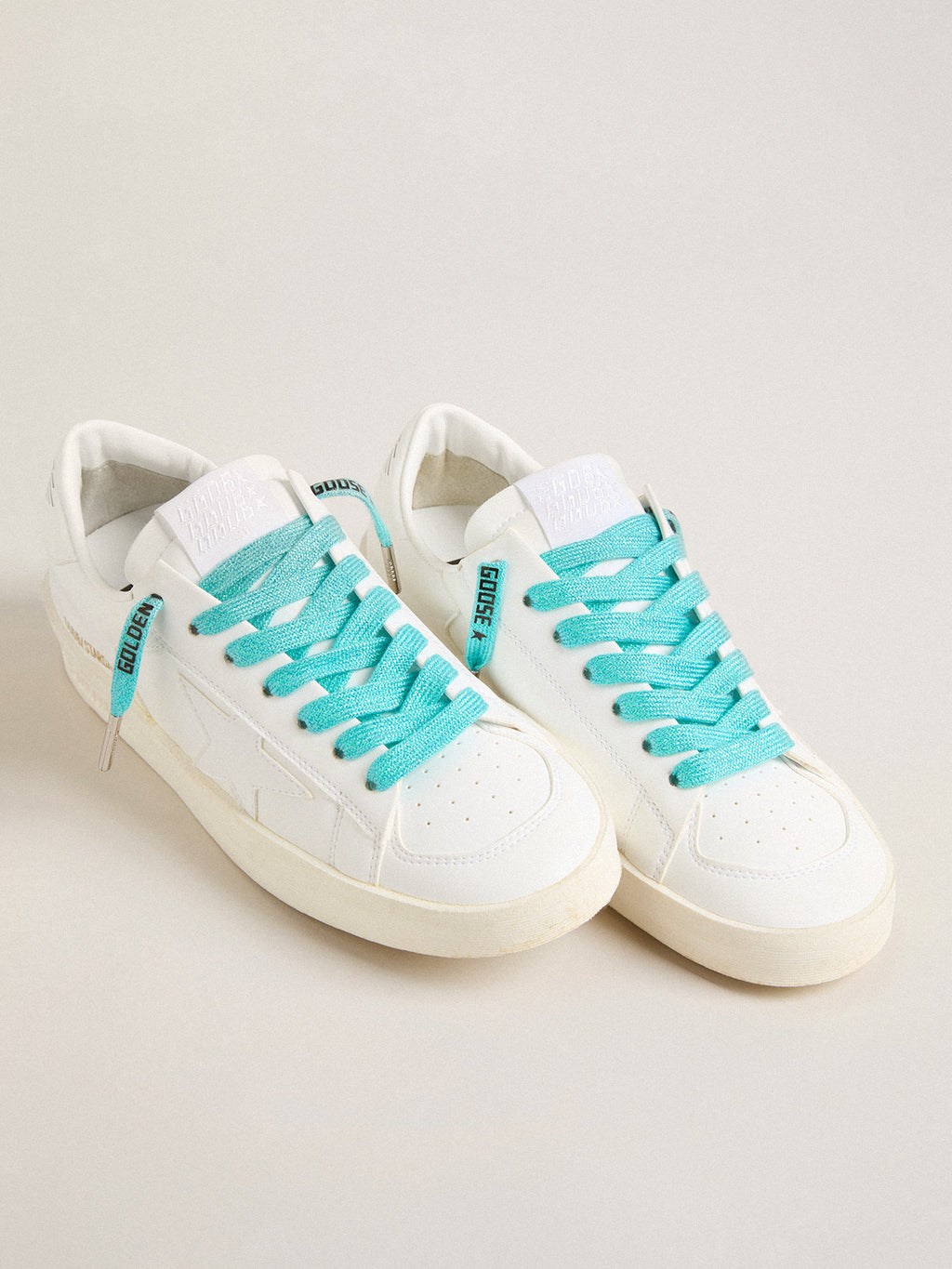 Light blue Lurex laces with contrasting black logo| Golden Goose