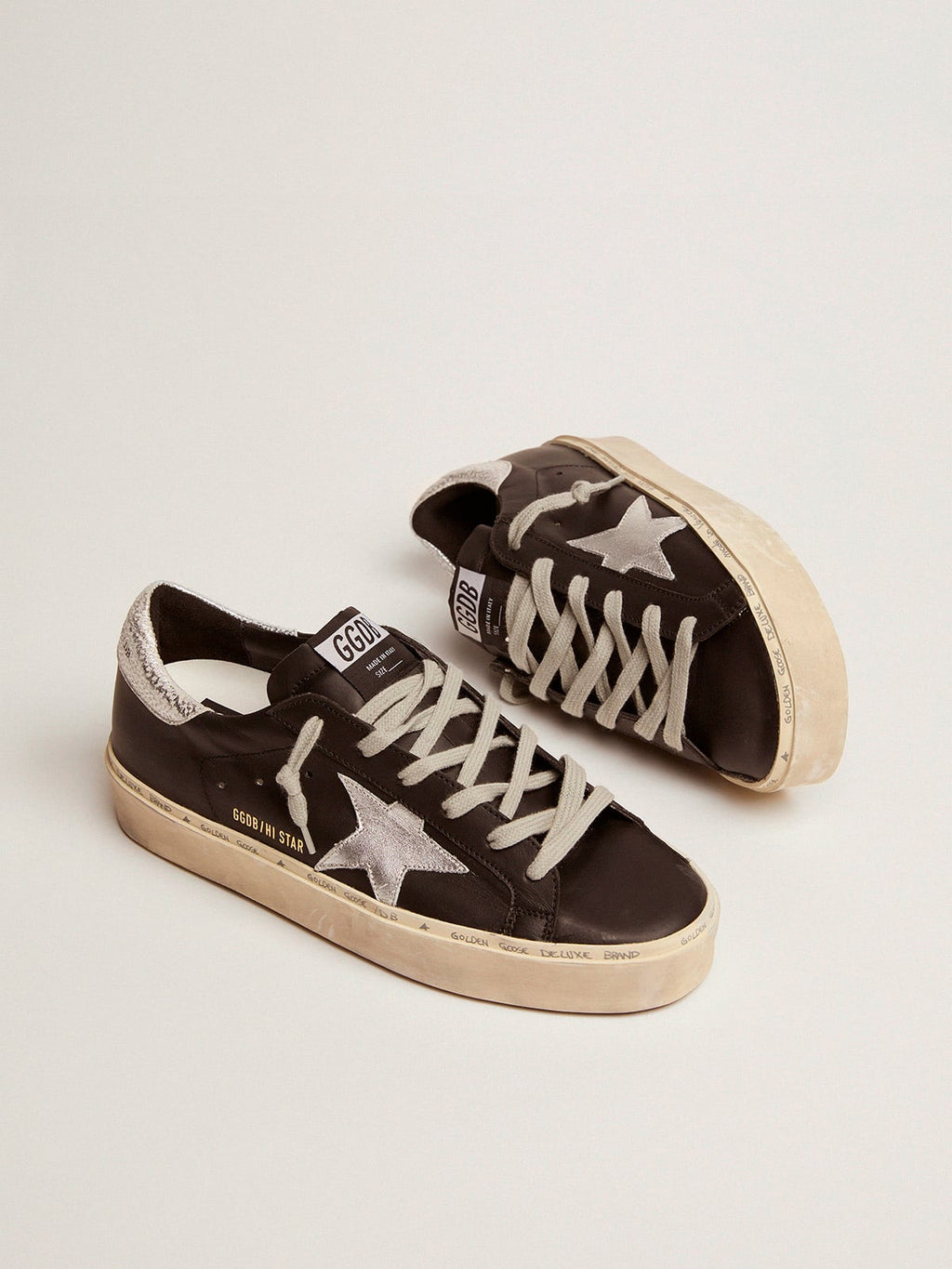 Women's Hi Star in black leather with silver laminated leather star| Golden Goose