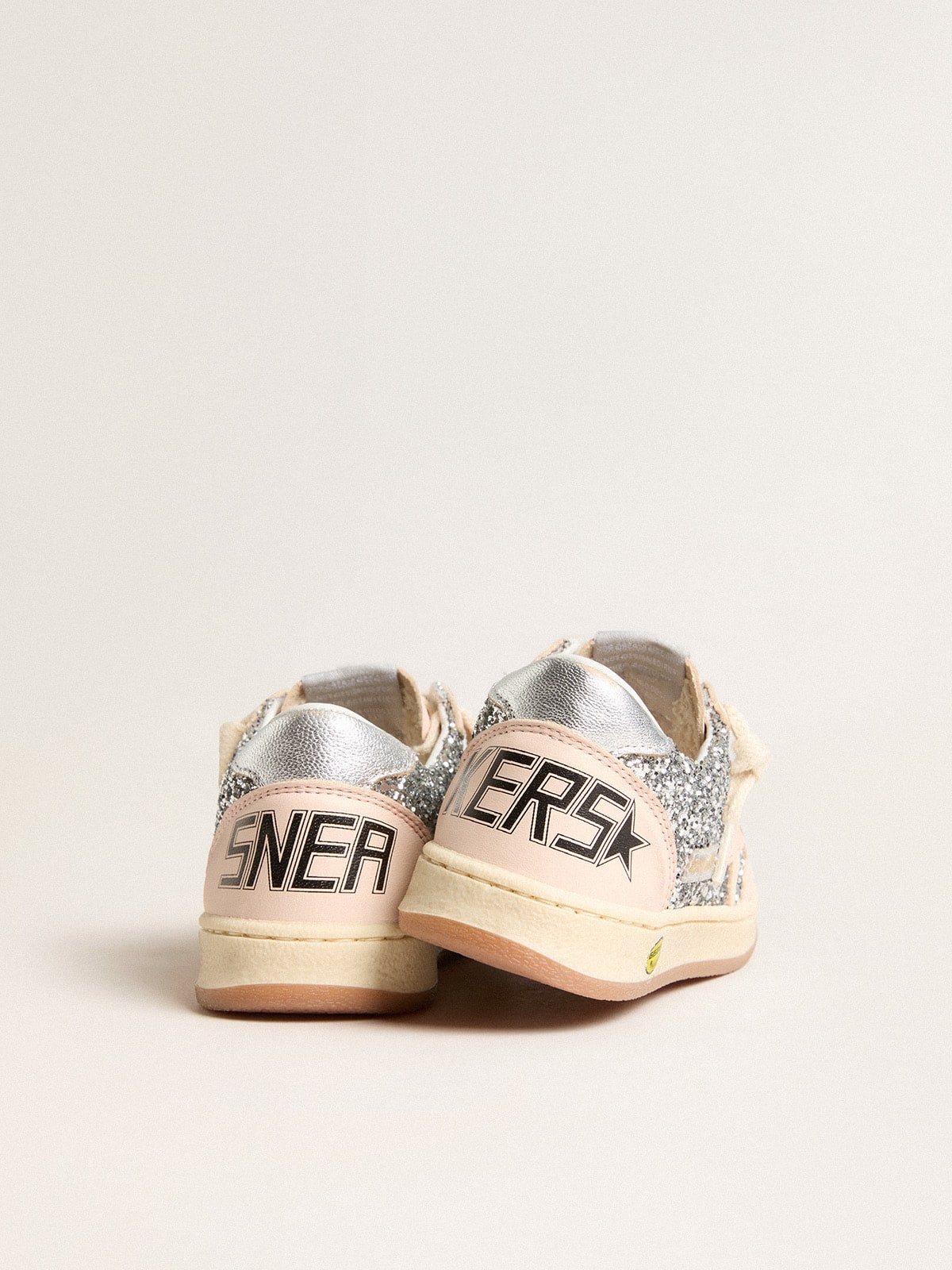 Young Ball Star in glitter with silver metallic leather heel tab| Golden Goose