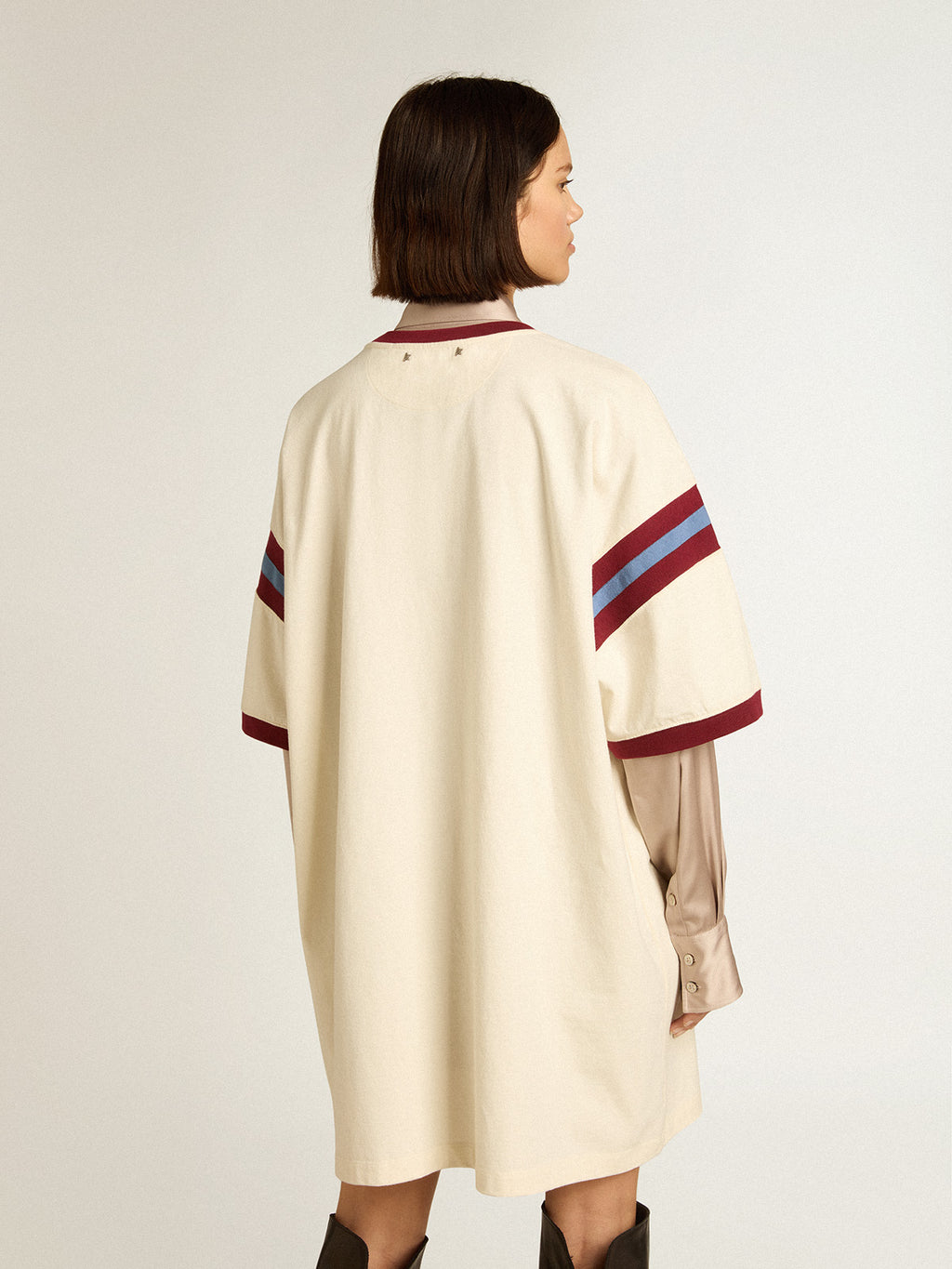 Women's white dress with burgundy lettering on the front| Golden Goose