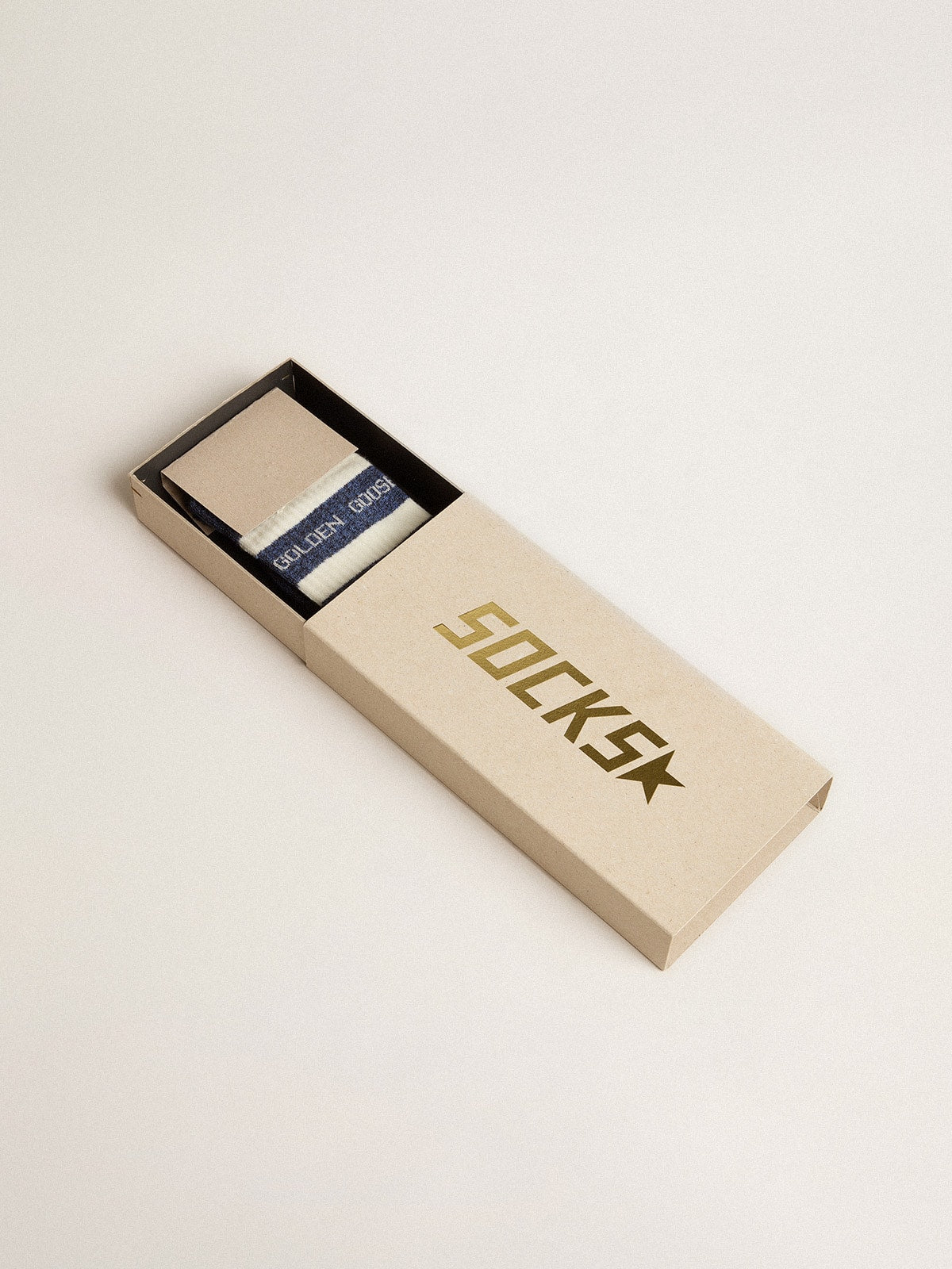 Blue socks with contrasting white stripes and white logo| Golden Goose