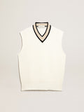 V-neck vest in papyrus-colored cotton yarn| Golden Goose