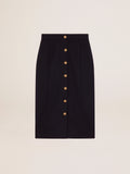 Women's pencil skirt in dark blue wool with gold heraldic buttons| Golden Goose