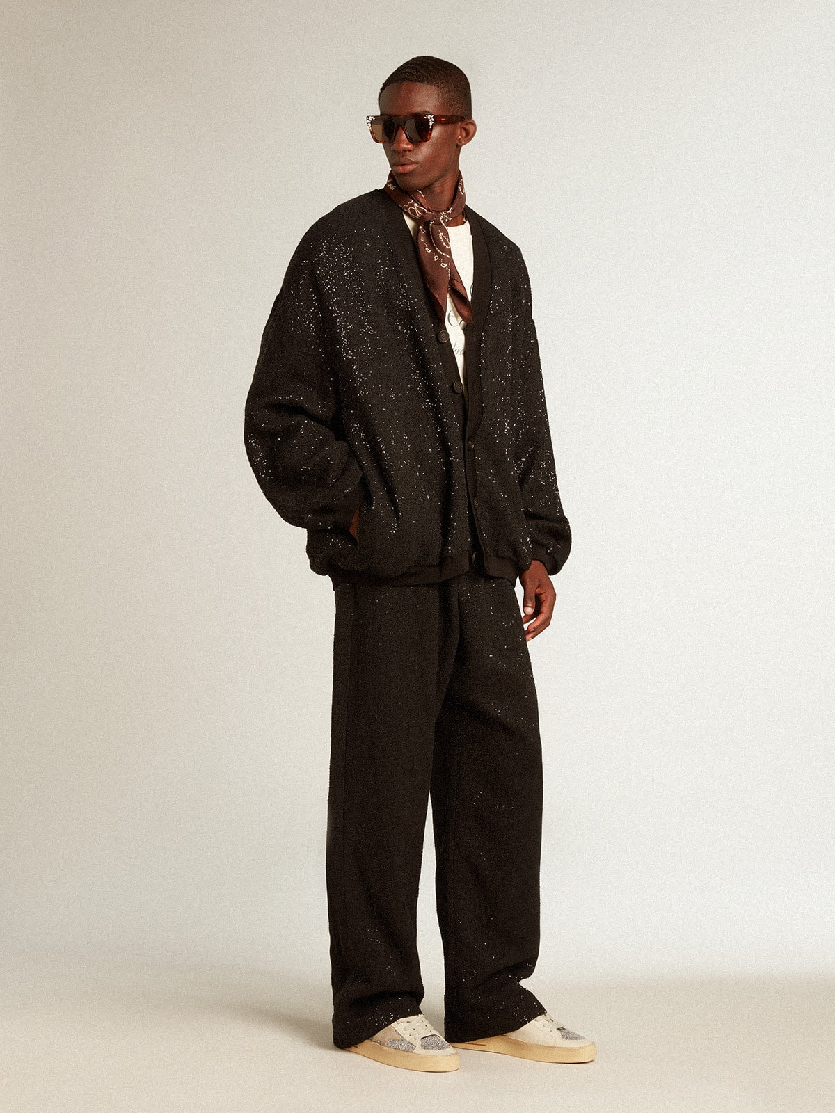 Men's black joggers in linen blend with sequins| Golden Goose