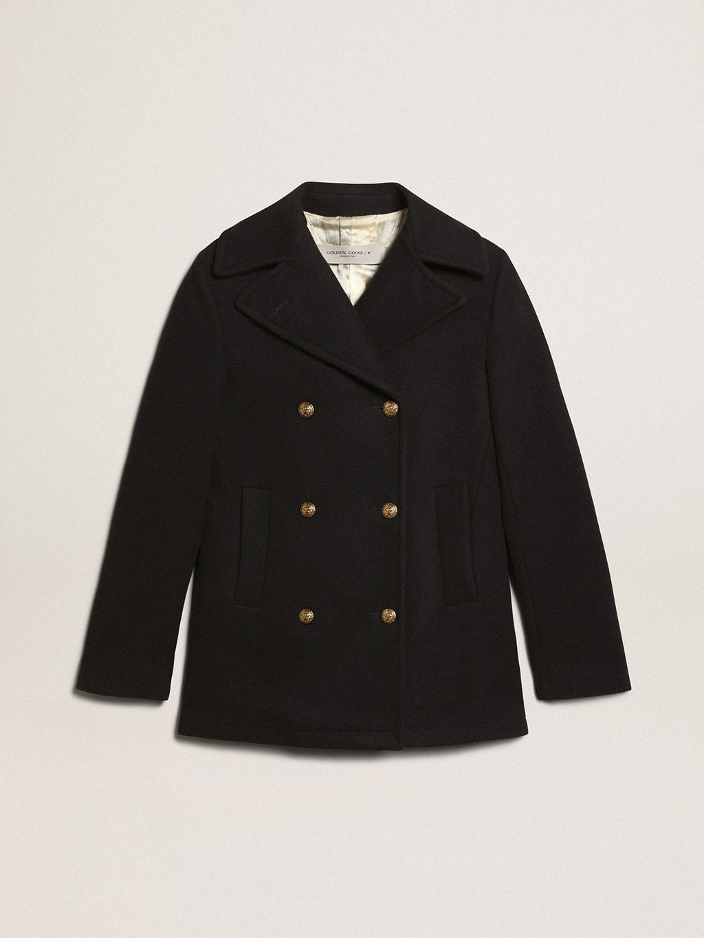 Women's dark blue peacoat with gold-colored heraldic buttons| Golden Goose