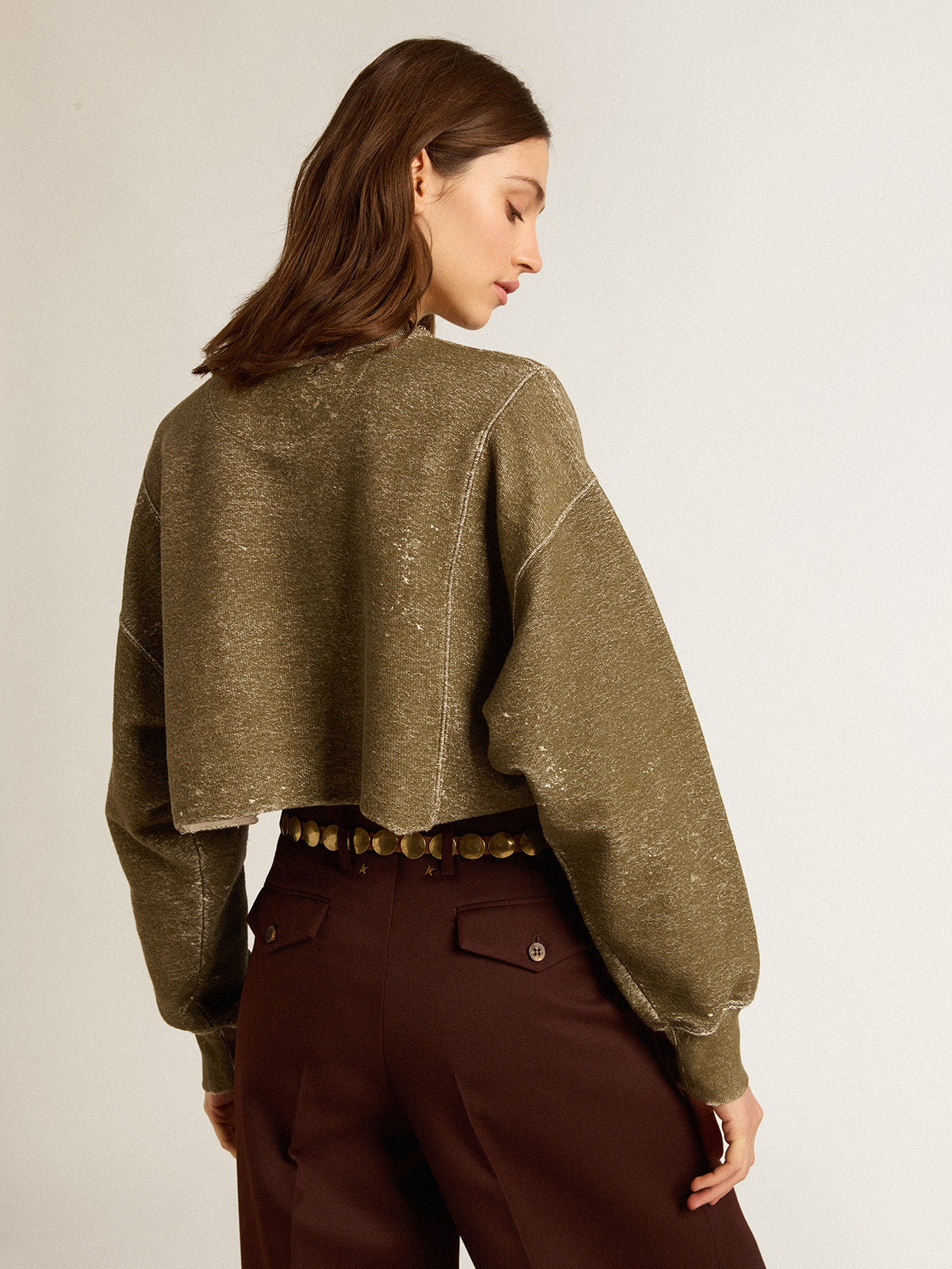 Vintage-effect beech-colored cotton cropped sweatshirt| Golden Goose