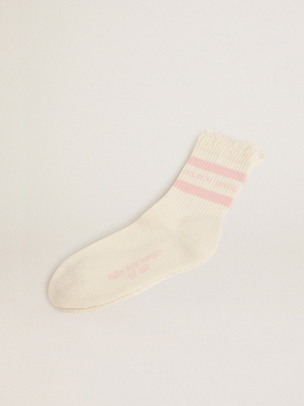 Distressed-finish white socks with baby-pink logo and stripes| Golden Goose