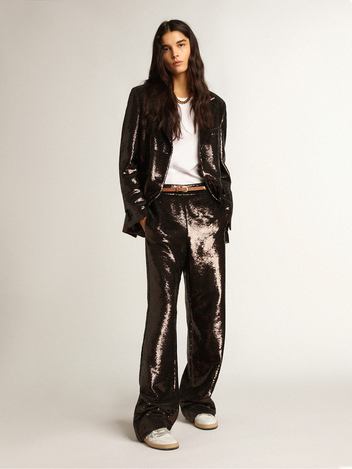 Gray single-breasted blazer with all-over sequins| Golden Goose