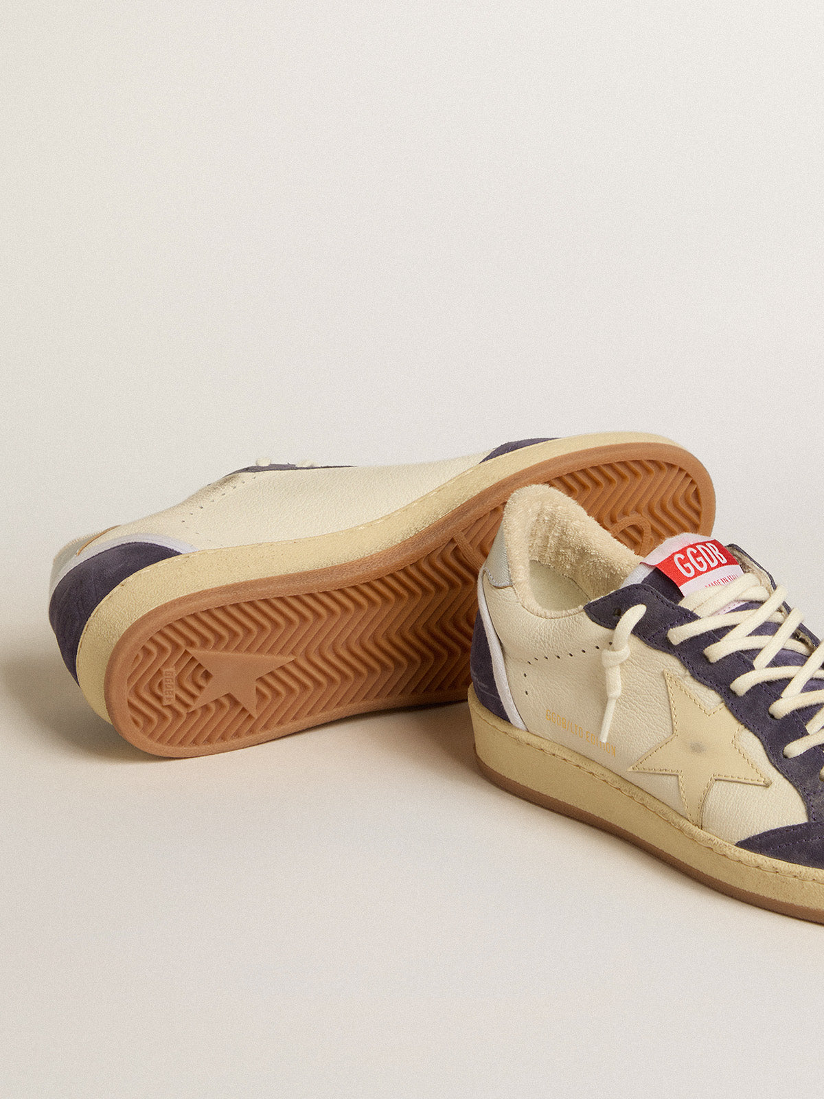 Ball Star LTD in nappa leather and suede with cream star and silver heel tab| Golden Goose