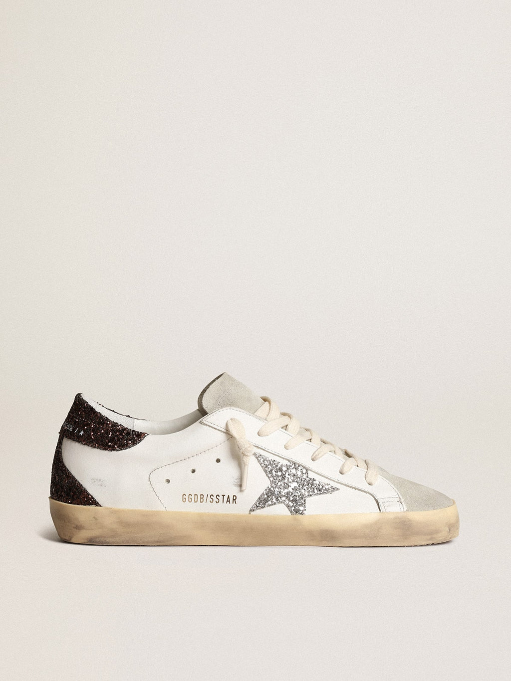 Women's Super-Star with silver star and brown glitter heel tab| Golden Goose