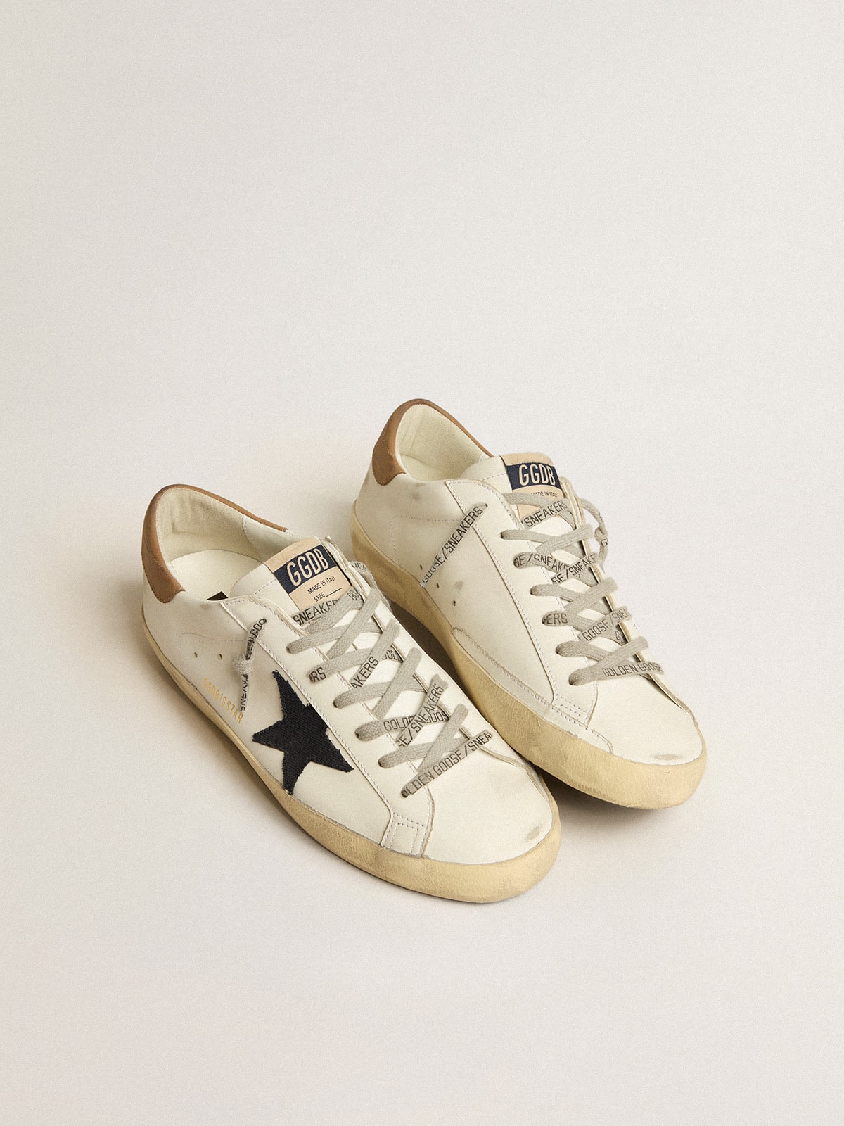 Men's Super-Star with blue canvas star and tobacco leather heel tab| Golden Goose