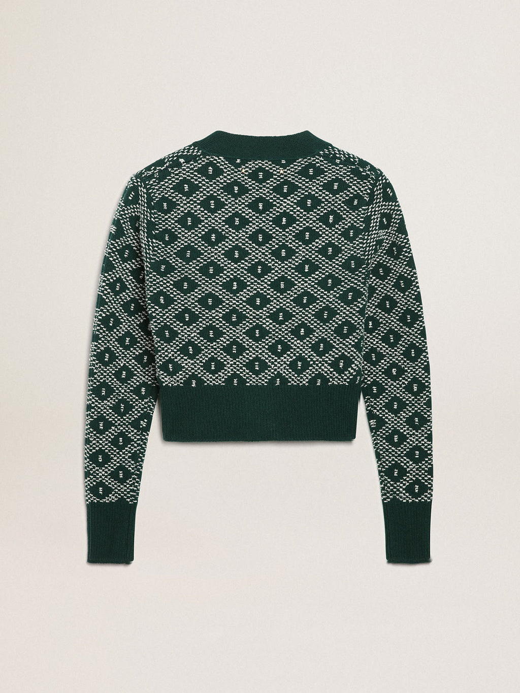 Women's cropped cardigan with green and white jacquard diamond pattern| Golden Goose