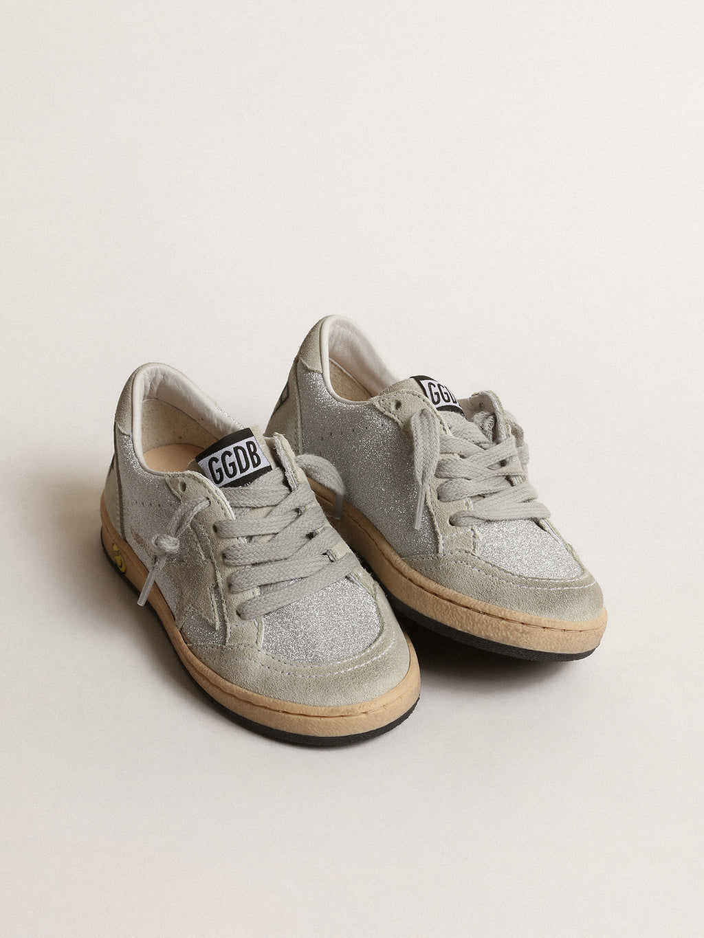 Ball Star Junior in glitter with ice-gray suede inserts| Golden Goose