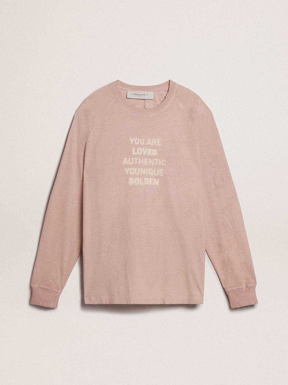 Powder-pink T-shirt with white lettering on the front| Golden Goose