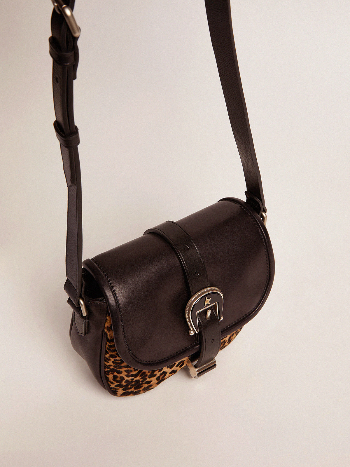 Small Rodeo Bag in black leather and leopard-print pony skin| Golden Goose
