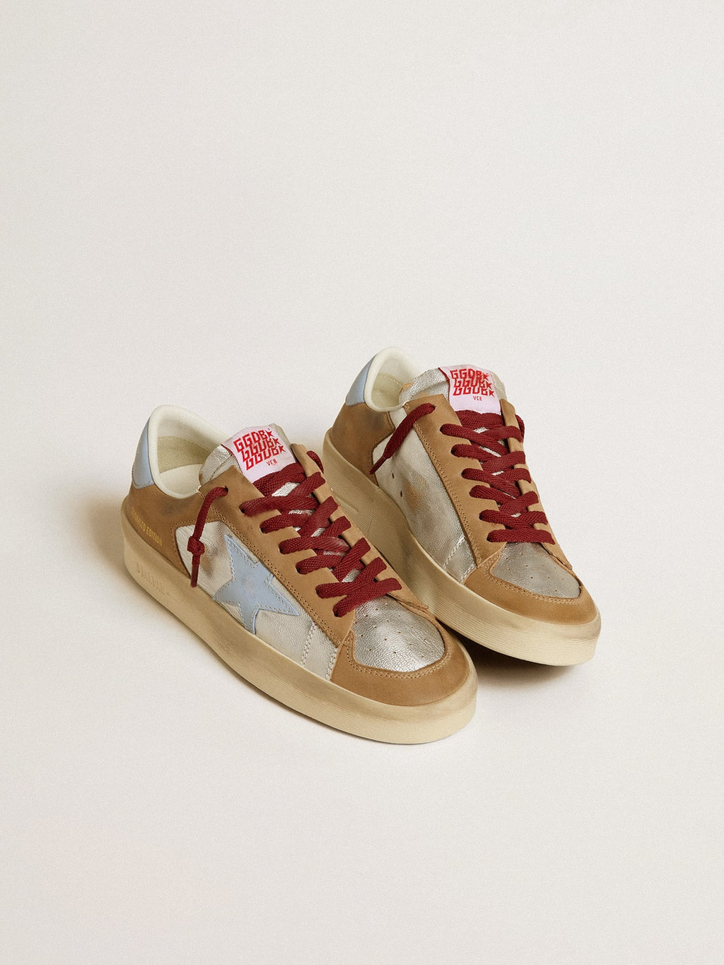 Women's silver Stardan LTD with light blue leather star and nubuck inserts| Golden Goose