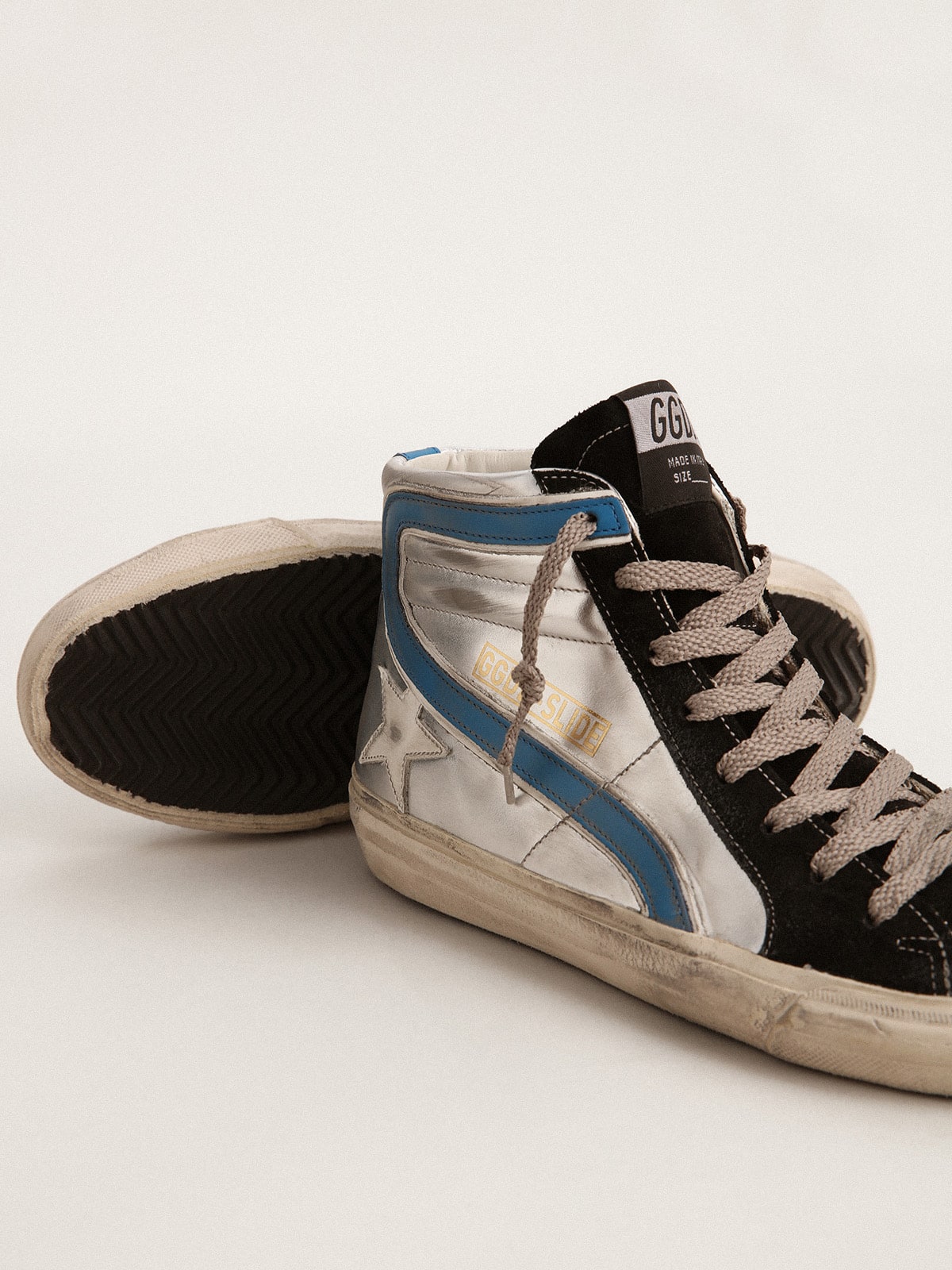 Slide in silver metallic leather with white leather star| Golden Goose
