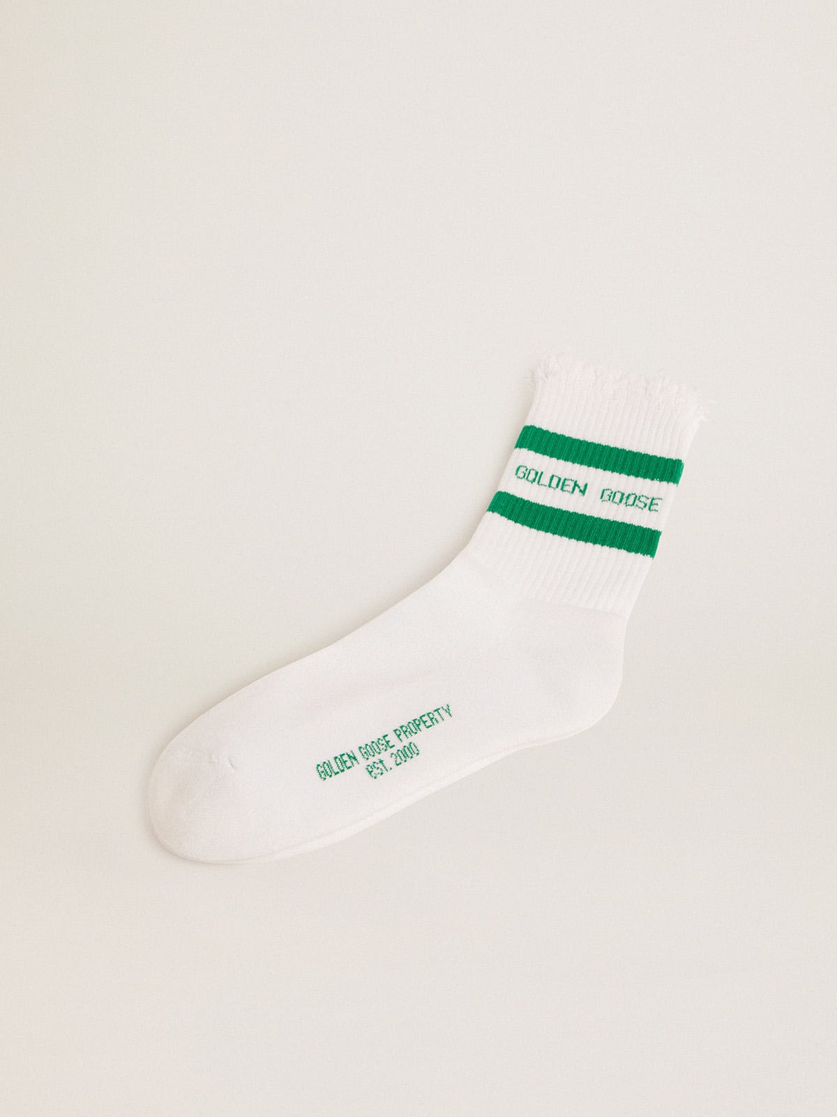 Cotton socks with distressed finishes, green stripes and logo| Golden Goose