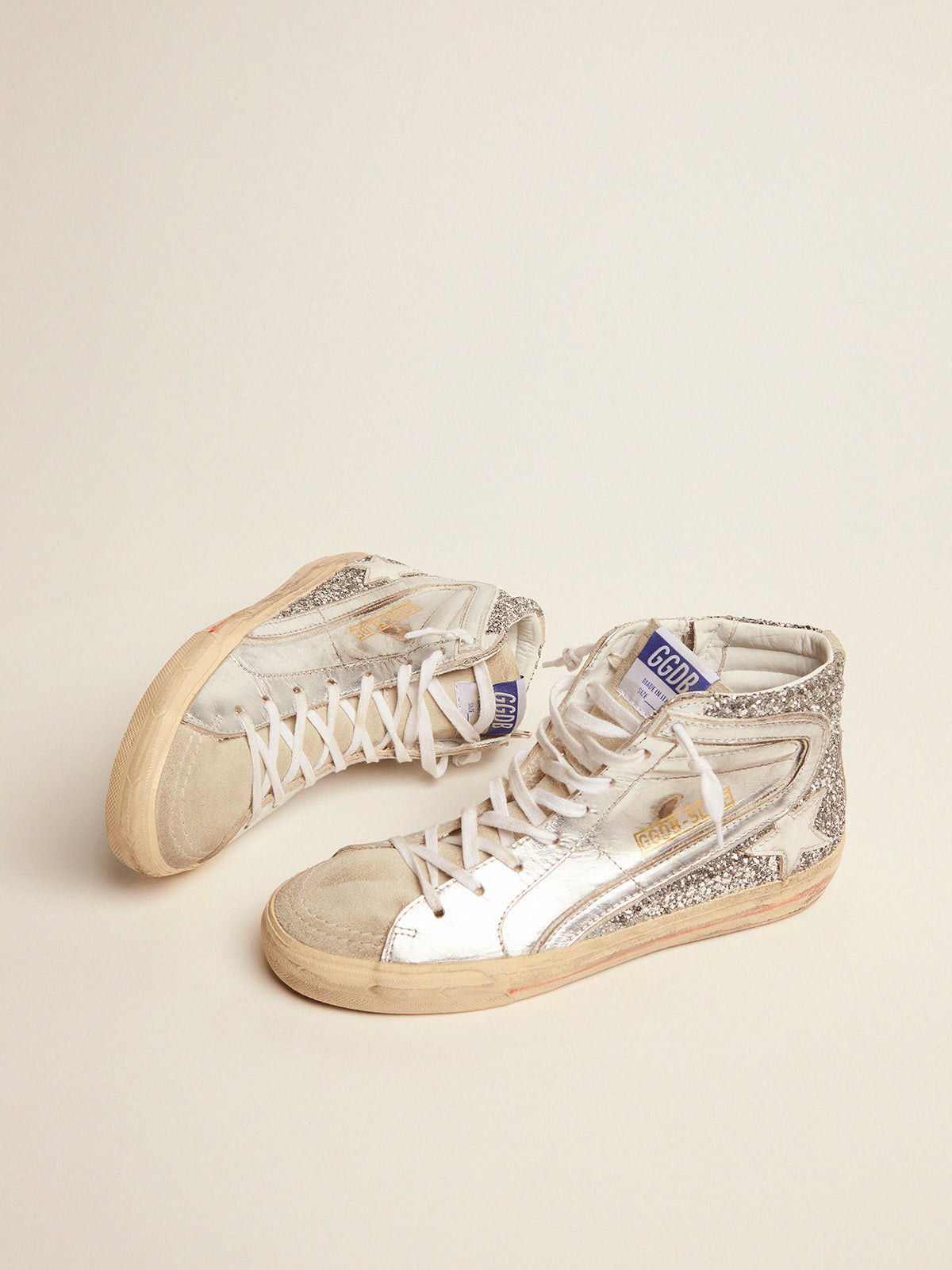 Women's Slide with laminated leather upper and silver glitter| Golden Goose