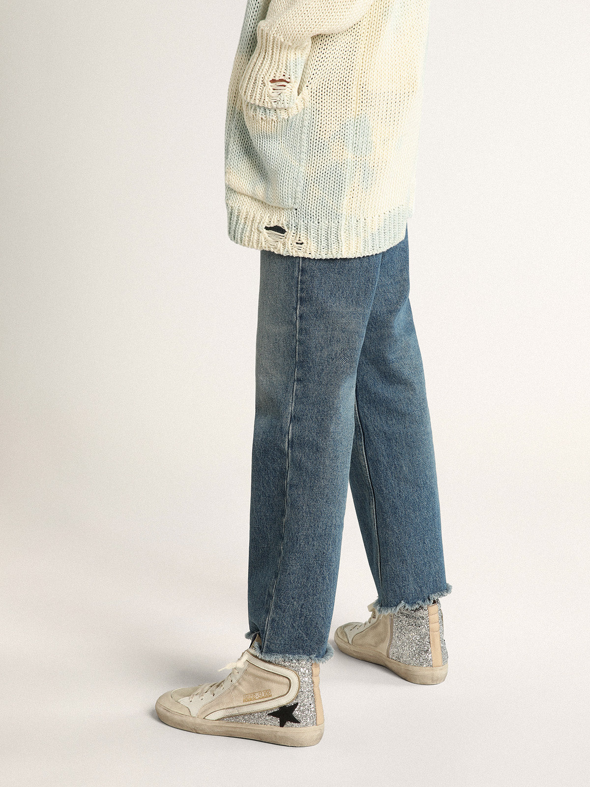 Women's Slide Penstar in cream-colored canvas and silver glitter| Golden Goose