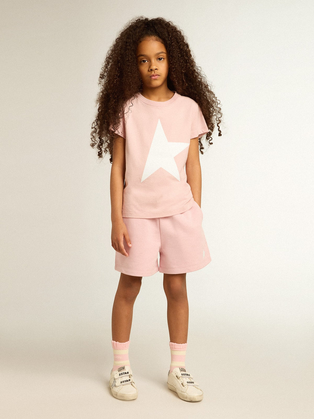 Girls' pink T-shirt with white logo and maxi star| Golden Goose