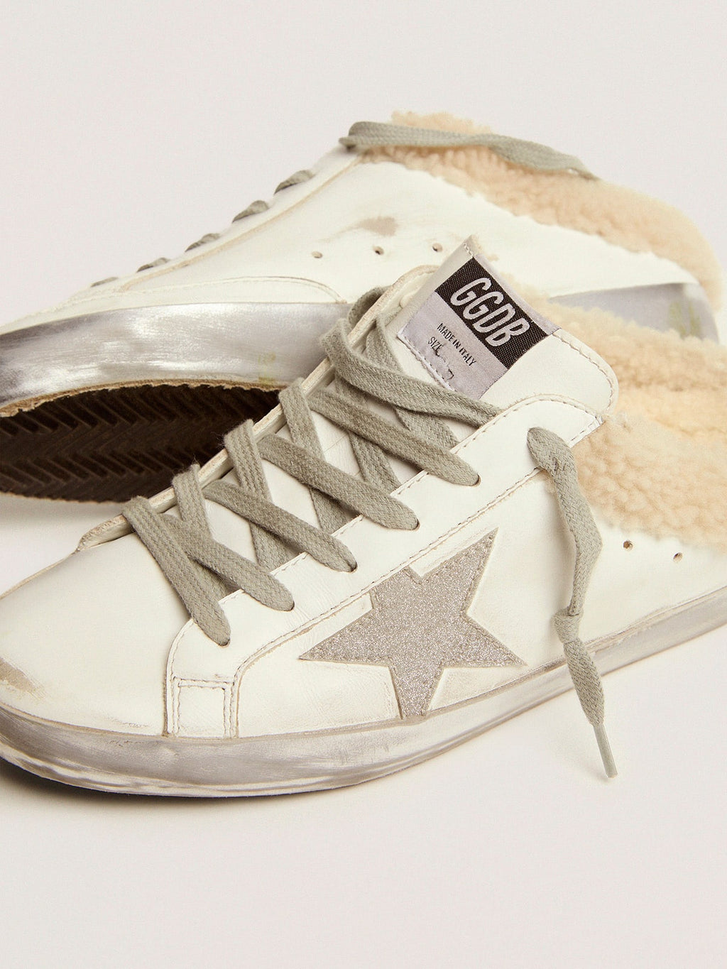 Super-Star Sabots in white leather with shearling lining| Golden Goose
