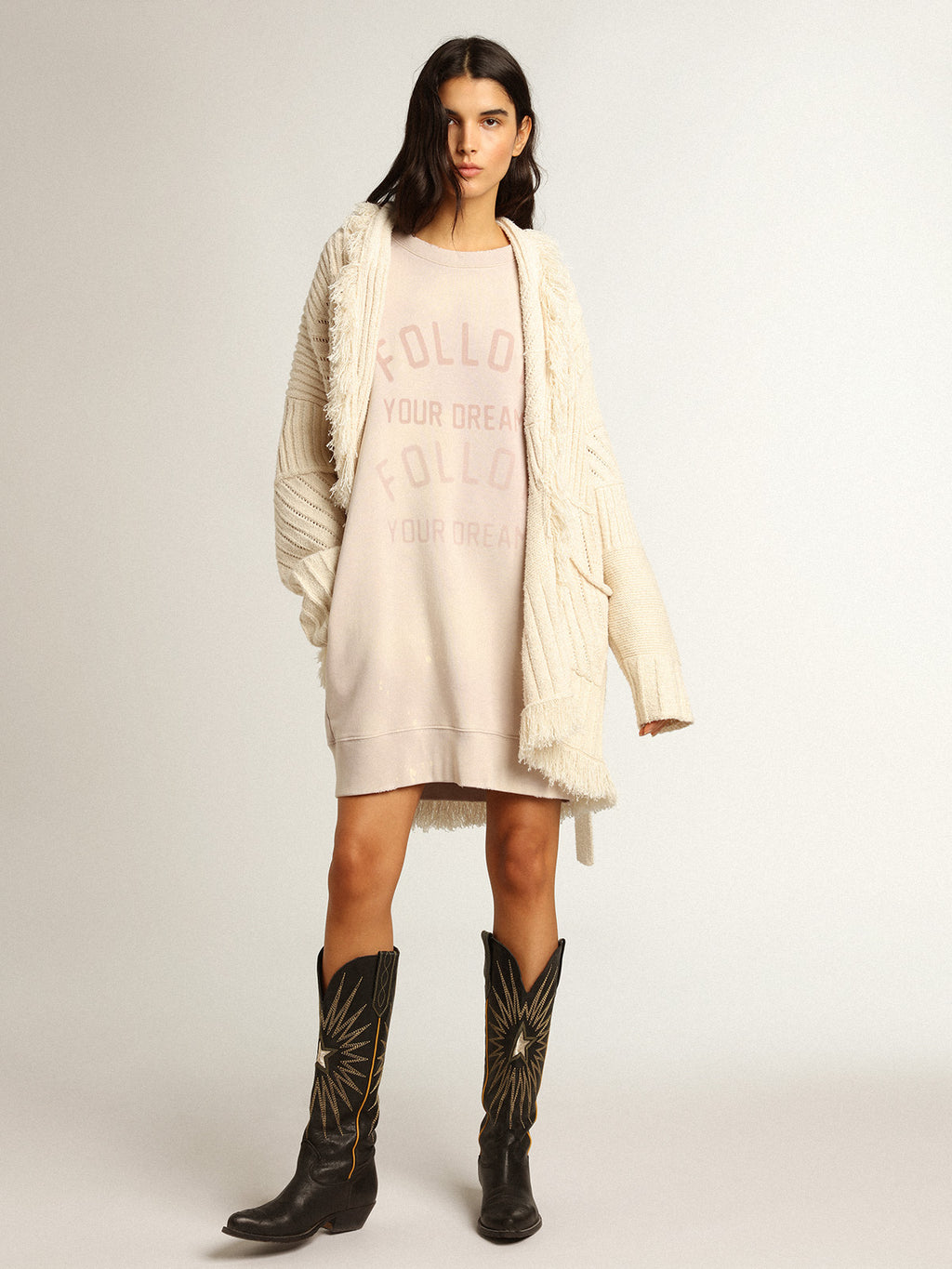 Distressed-finish pale pink sweatshirt dress| Golden Goose