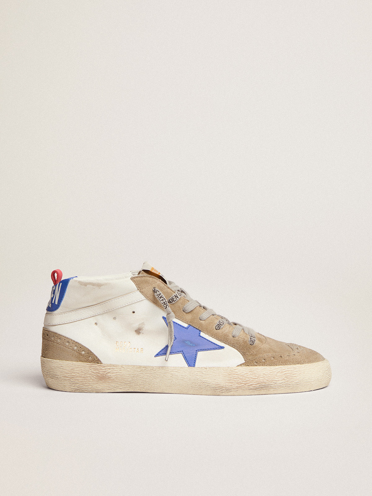 Men's Mid Star in white leather with blue star and dove gray inserts| Golden Goose