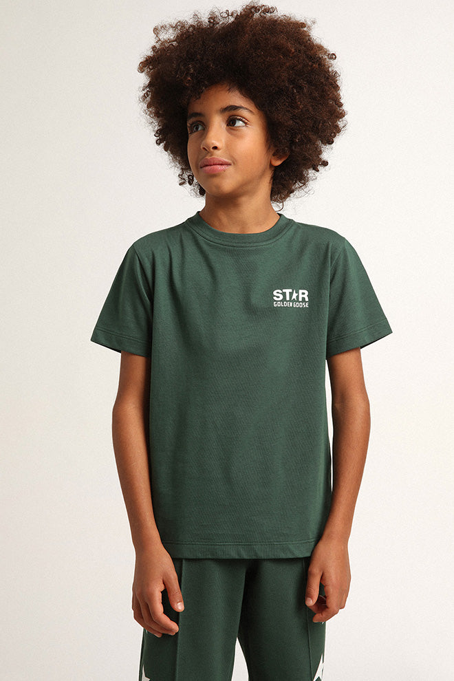Boys' green T-shirt with contrasting white logo and star| Golden Goose