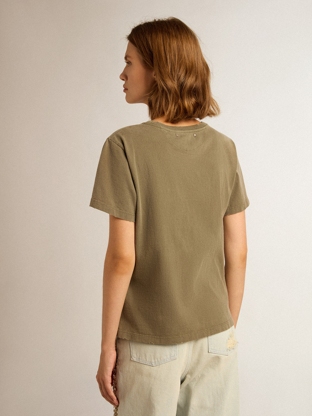 Women's olive green T-shirt with Golden lettering| Golden Goose