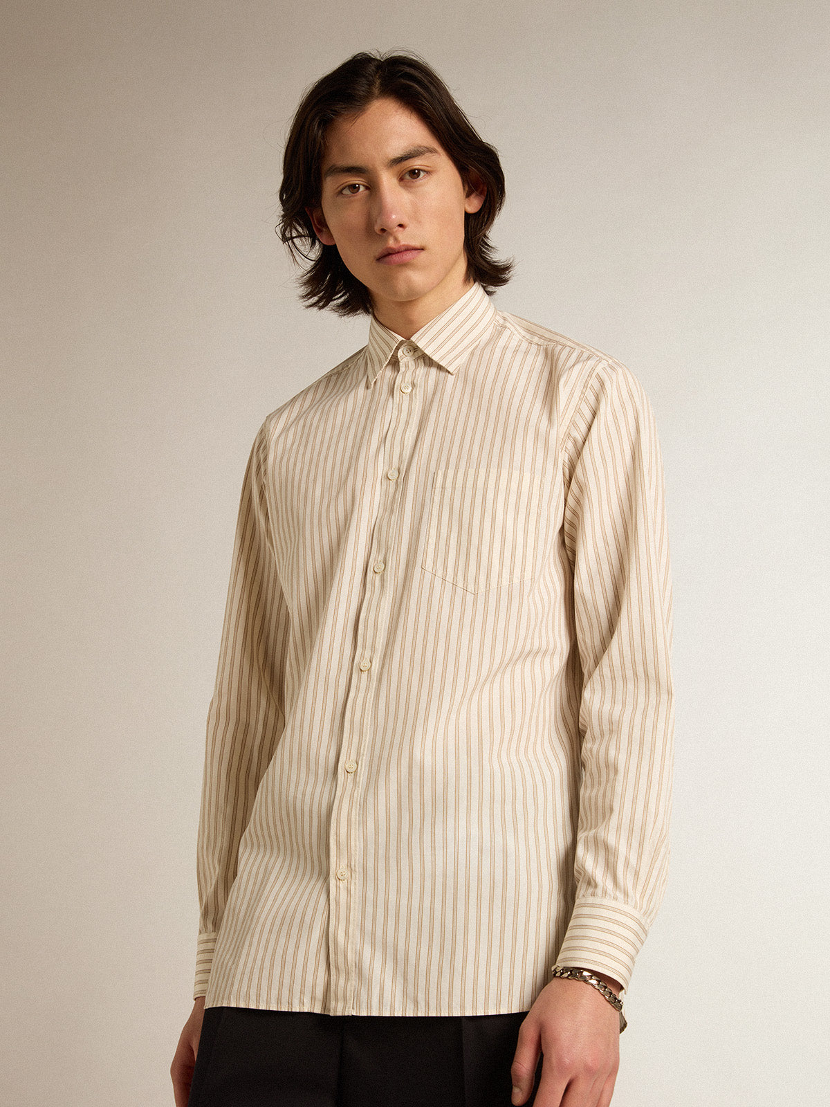 Men's white cotton shirt with beige stripes| Golden Goose