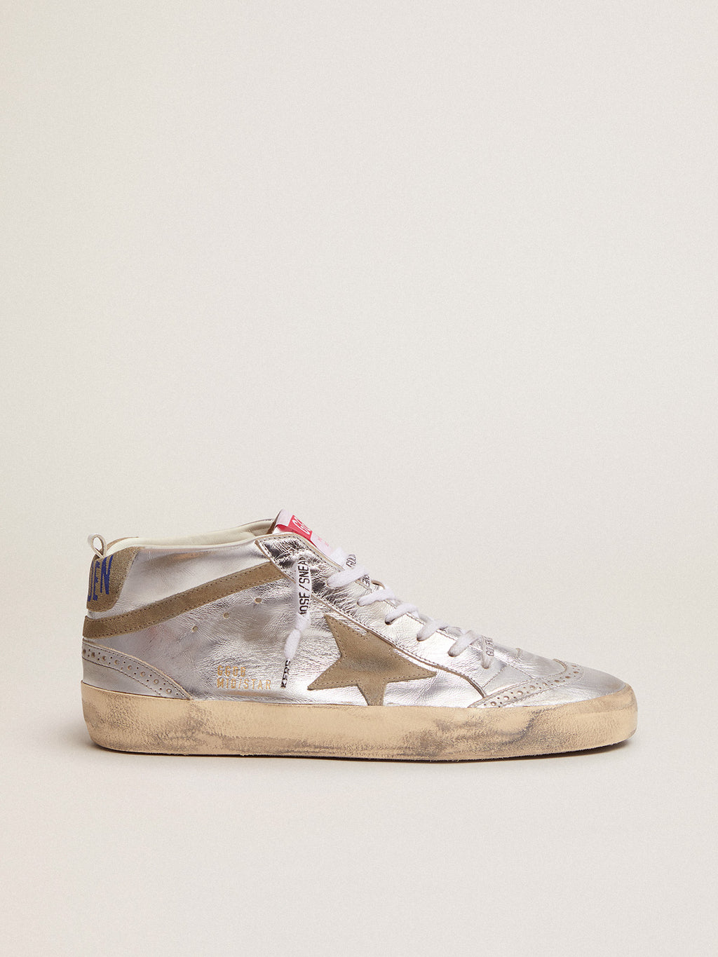 Women's Mid Star in silver laminated leather with dove gray star| Golden Goose