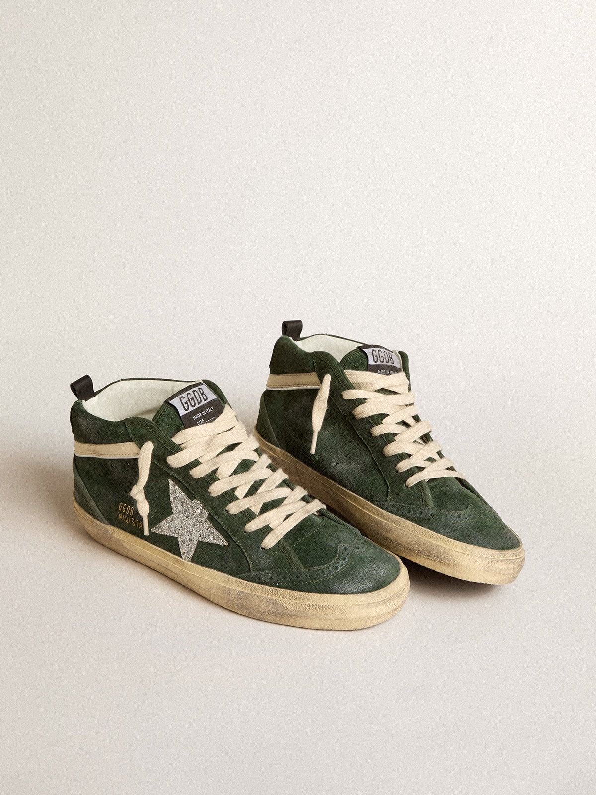 Mid Star in green suede with silver glitter star and leather flash| Golden Goose
