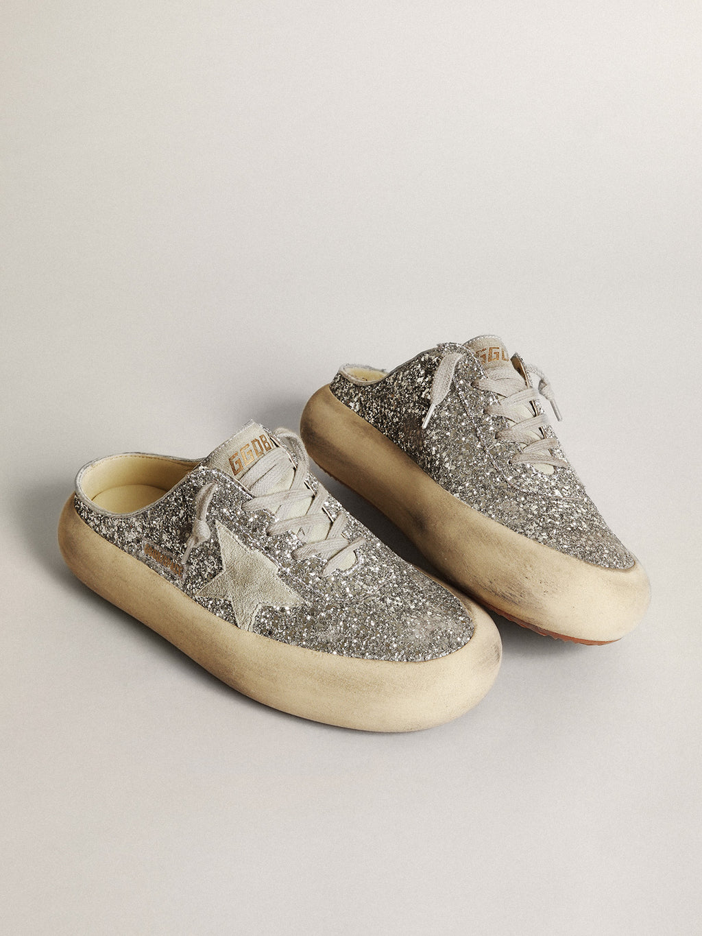 Women's Space-Star Sabot in glitter with ice-gray star and tab| Golden Goose