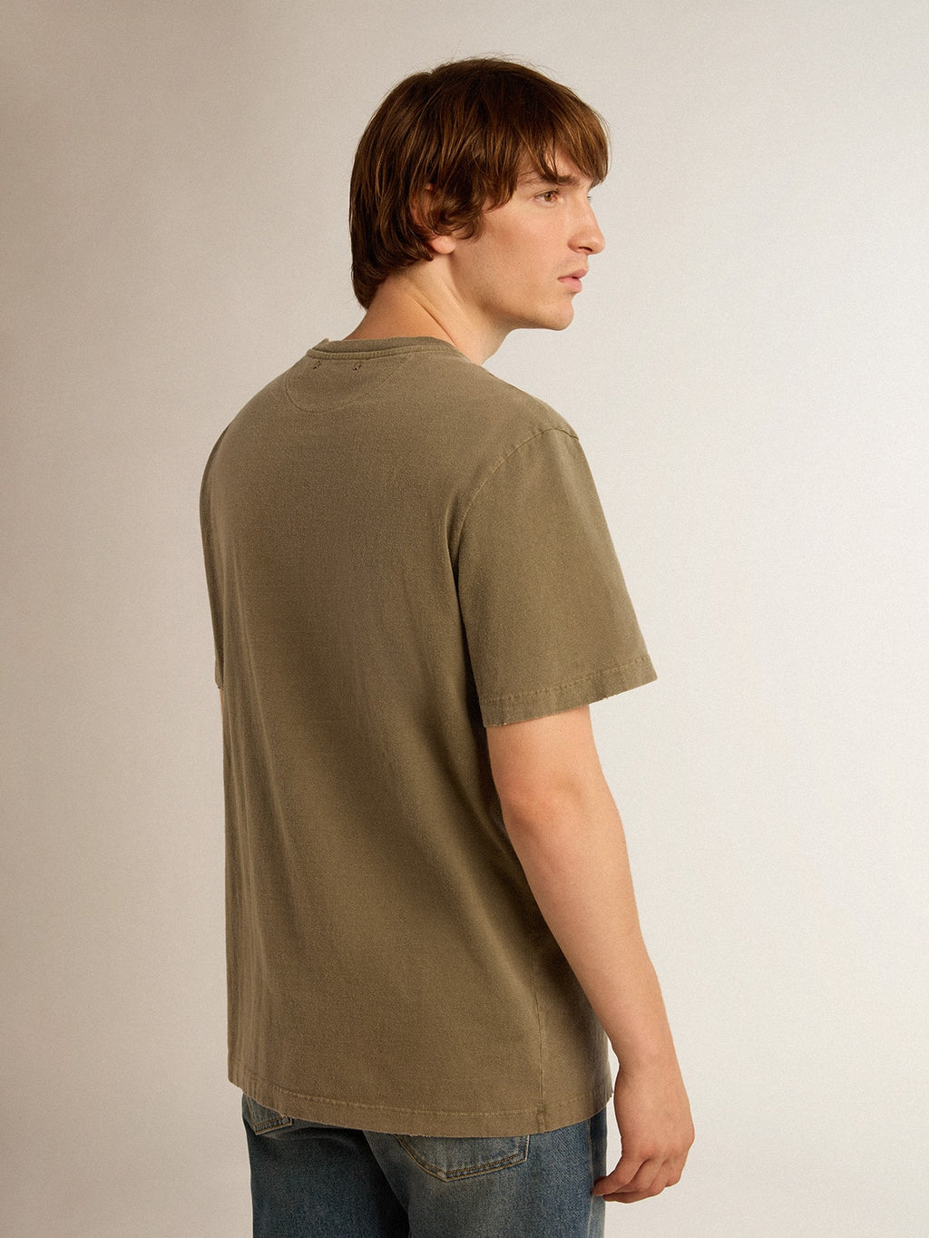 Men's olive green T-shirt with Golden lettering| Golden Goose